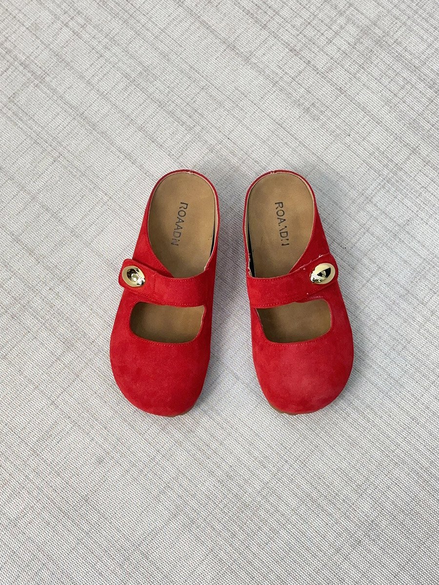 Women Red Suede Buckle Detail Slides