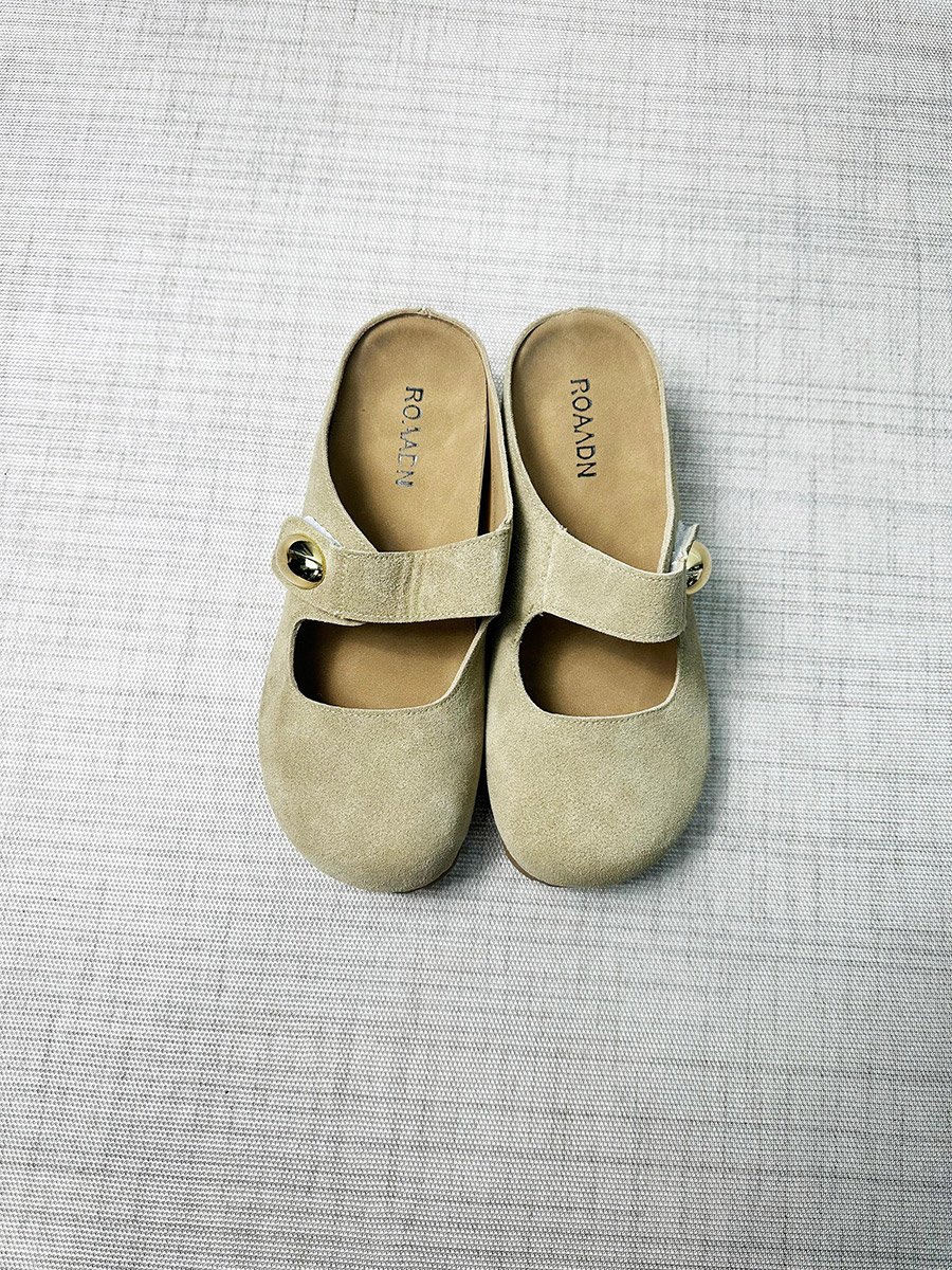 Women Beige Suede Buckle Detail Slides