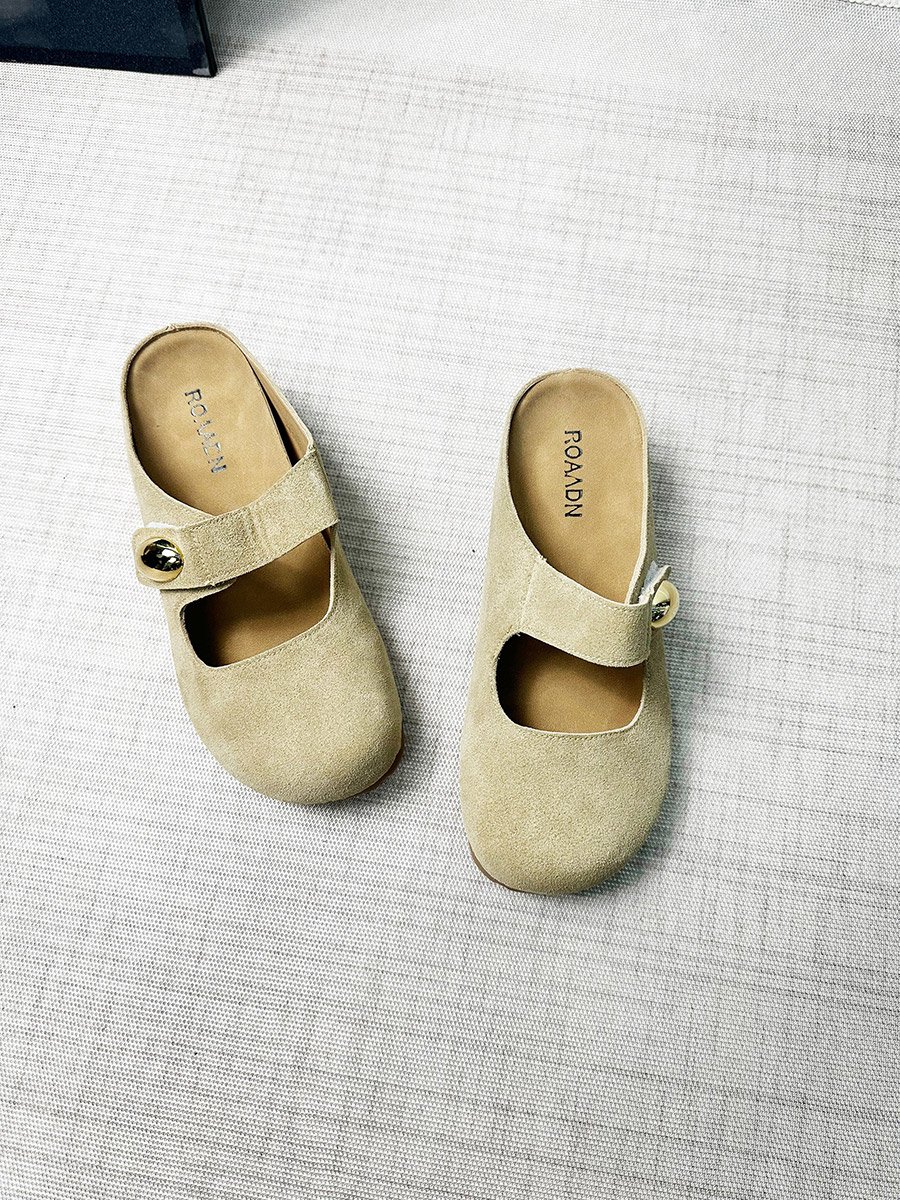 Women Beige Suede Buckle Detail Slides