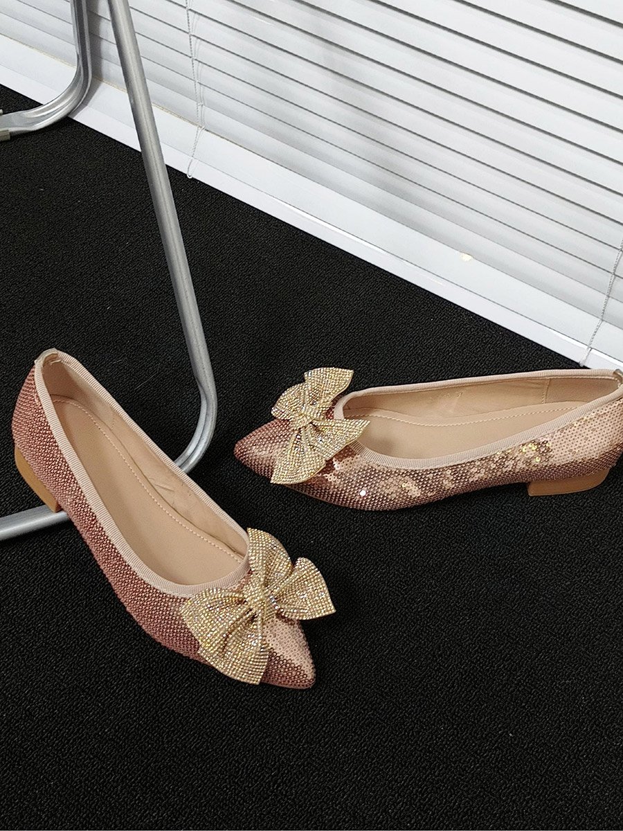 Women Pink Sequins Bow Detail Flats Shoes