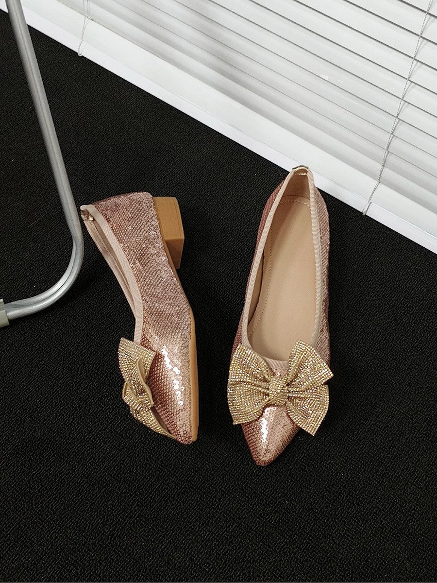Women Pink Sequins Bow Detail Flats Shoes