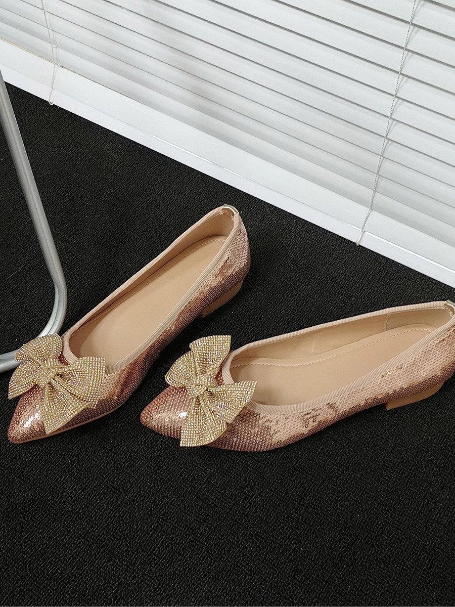 Women Pink Sequins Bow Detail Flats Shoes