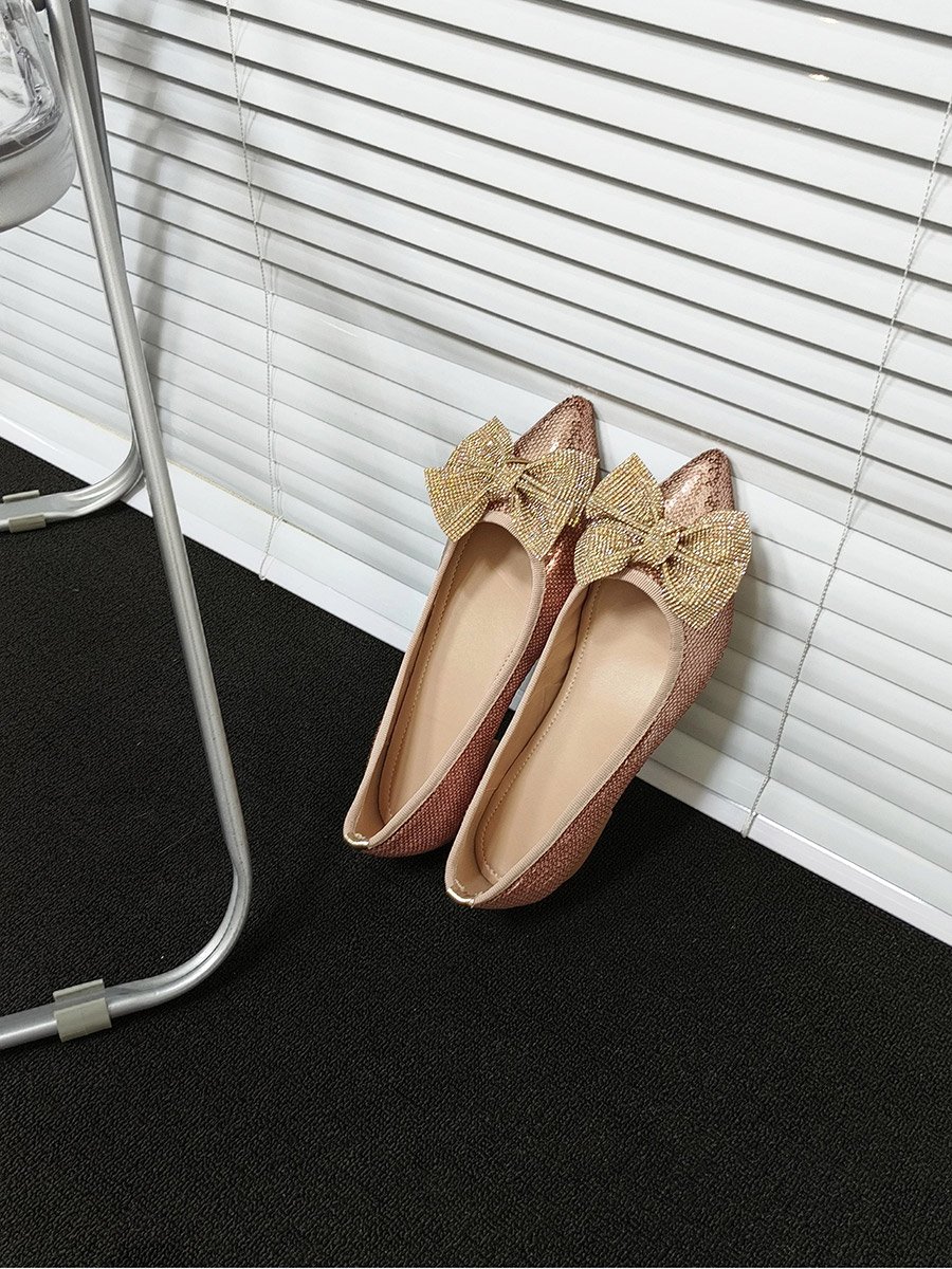 Women Pink Sequins Bow Detail Flats Shoes
