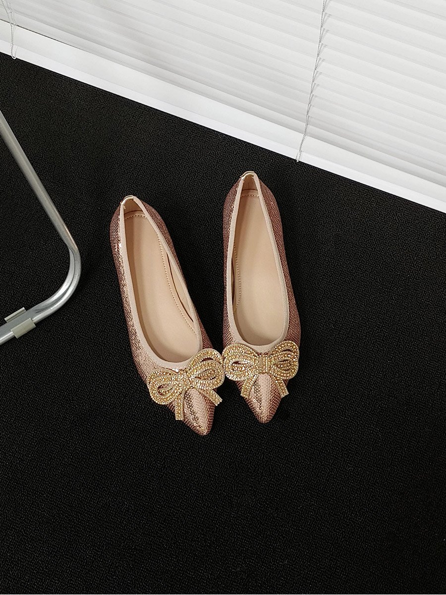 Women Pink Sequins Bow Detail Flats Shoes