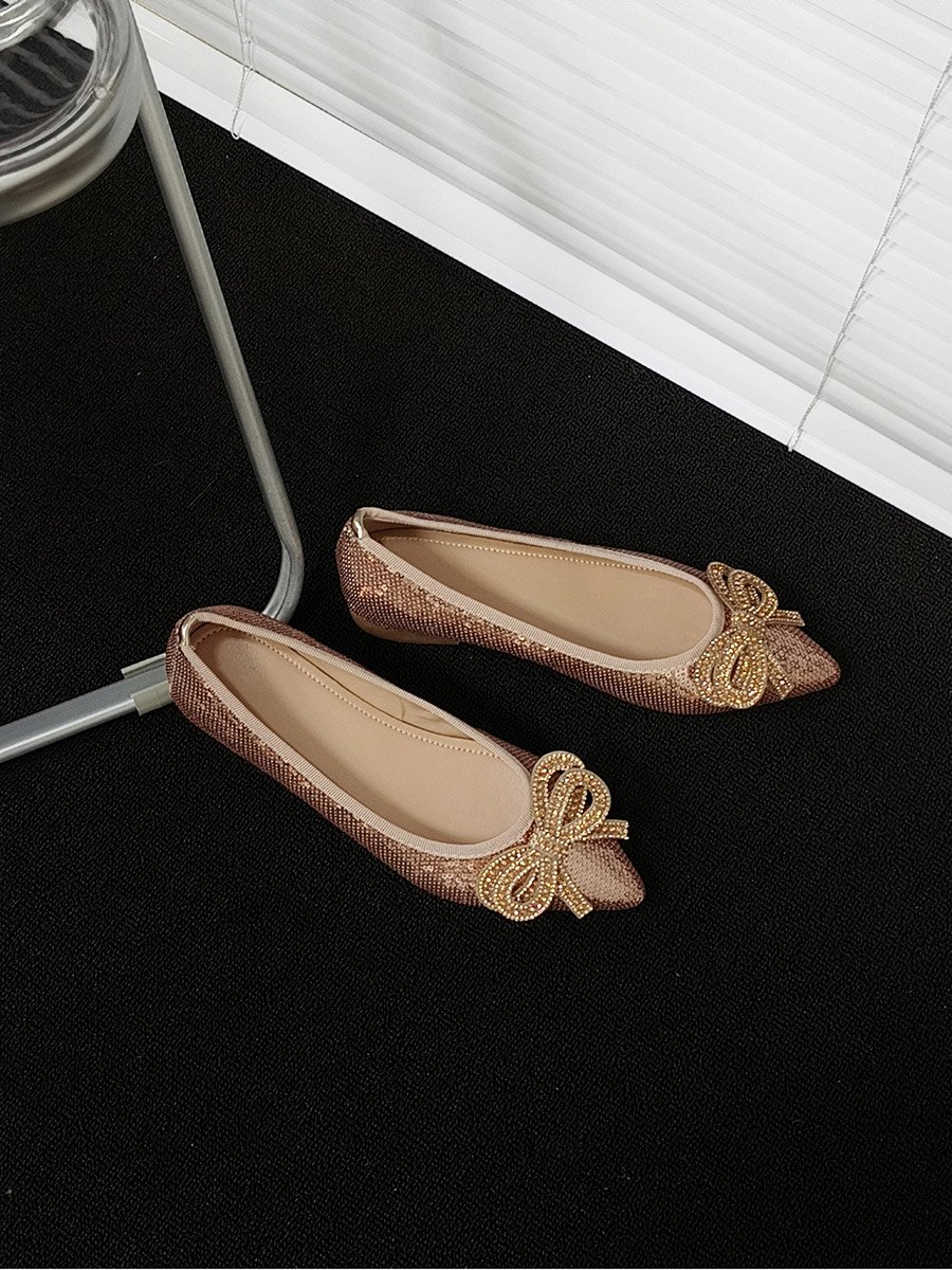 Women Pink Sequins Bow Detail Flats Shoes