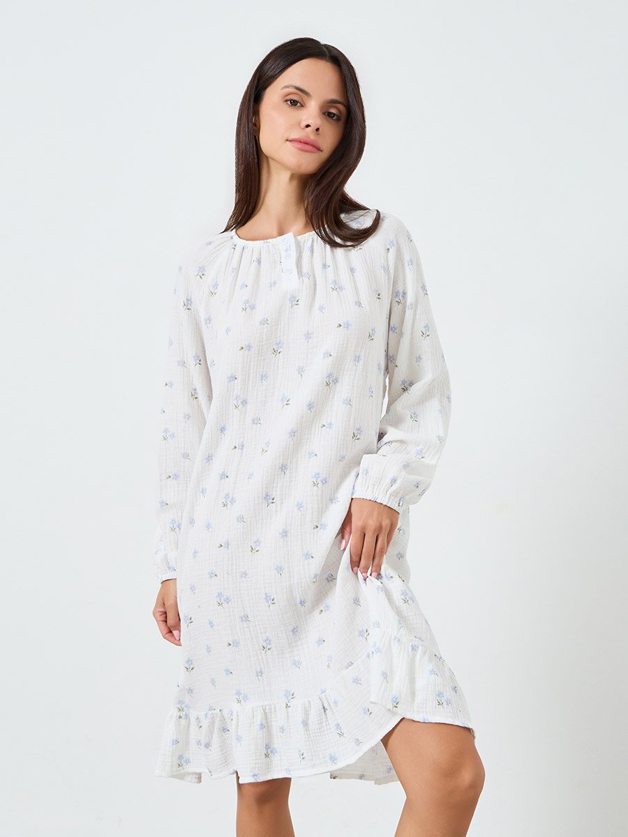 Cotton Gauze Floral Print Ruffle Edge Nightdress