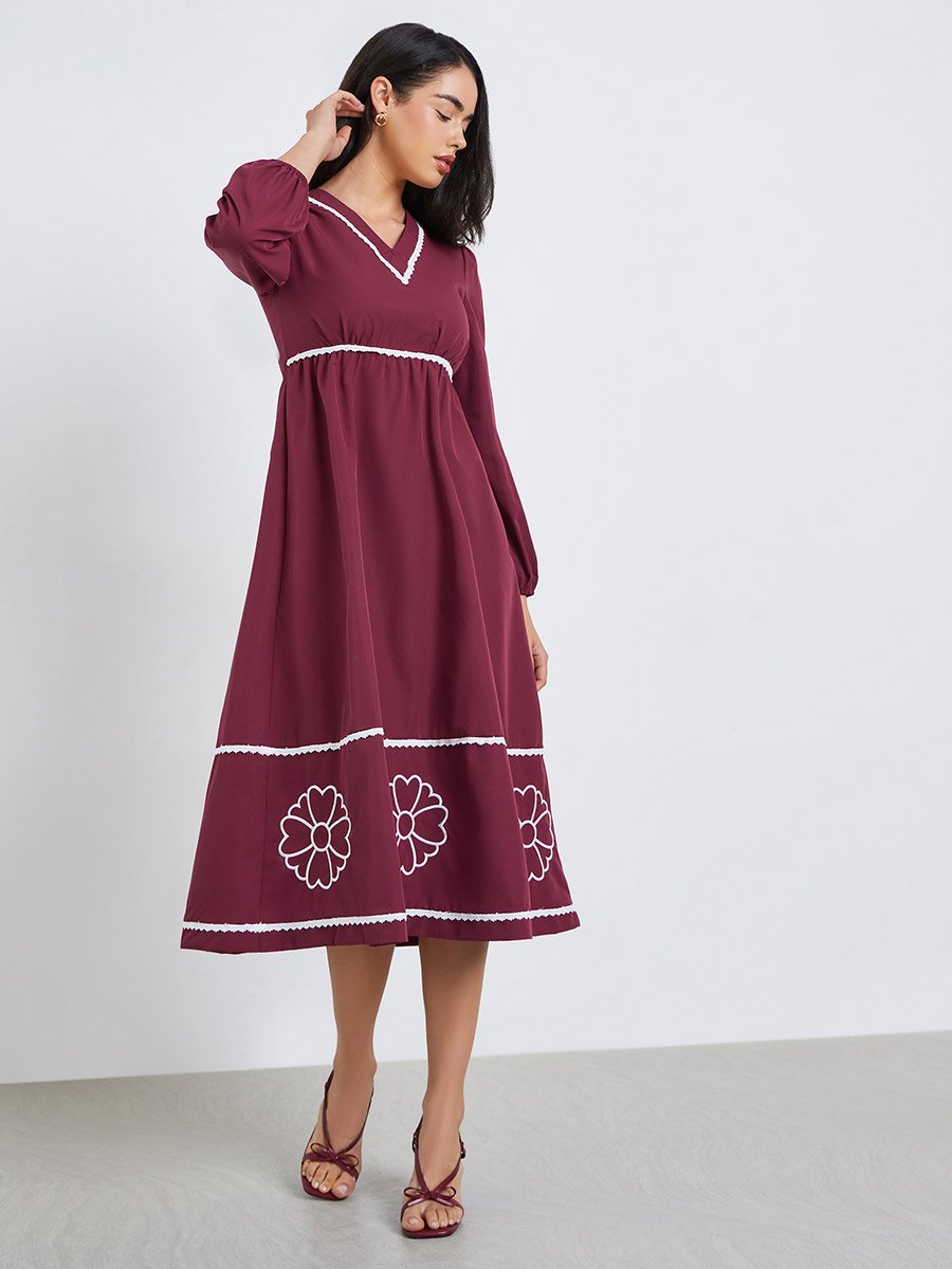 Women Burgundy Embroidered Long Sleeves A-Line Midi Dress