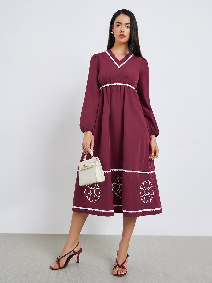 Women Burgundy Embroidered Long Sleeves A-Line Midi Dress