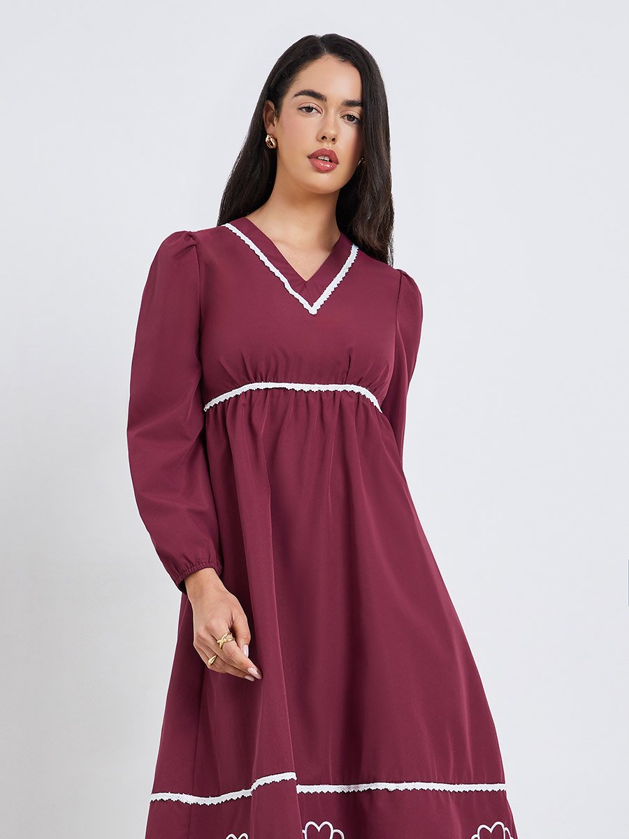 Women Burgundy Embroidered Long Sleeves A-Line Midi Dress