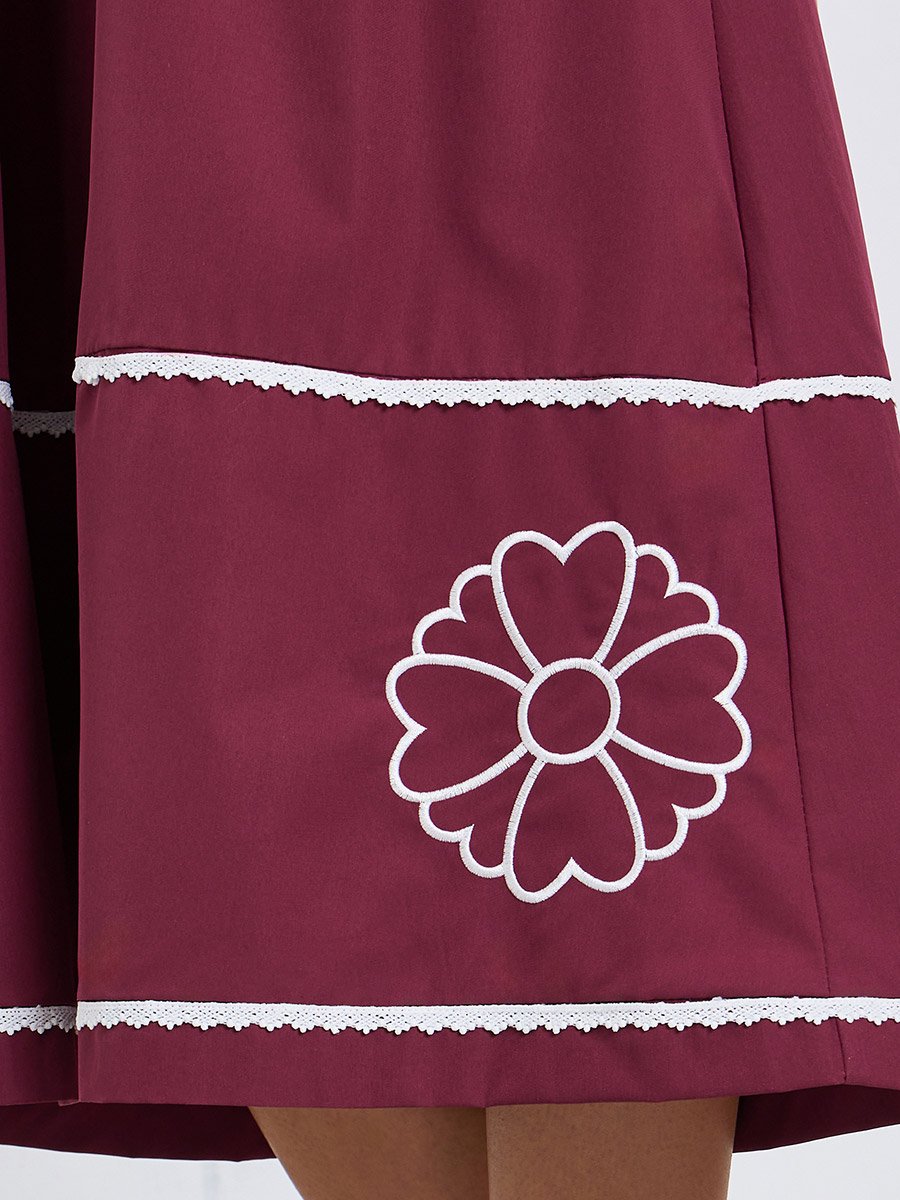 Women Burgundy Embroidered Long Sleeves A-Line Midi Dress