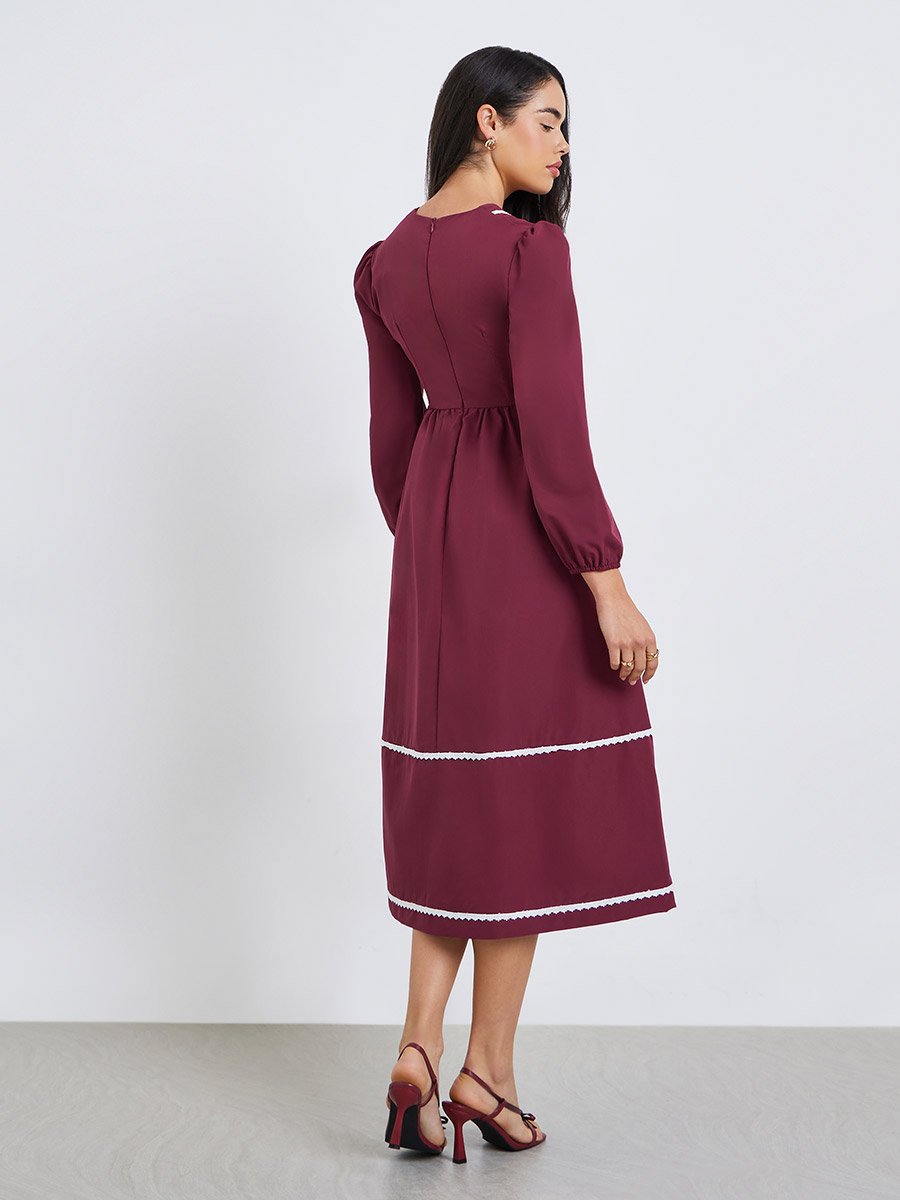 Women Burgundy Embroidered Long Sleeves A-Line Midi Dress