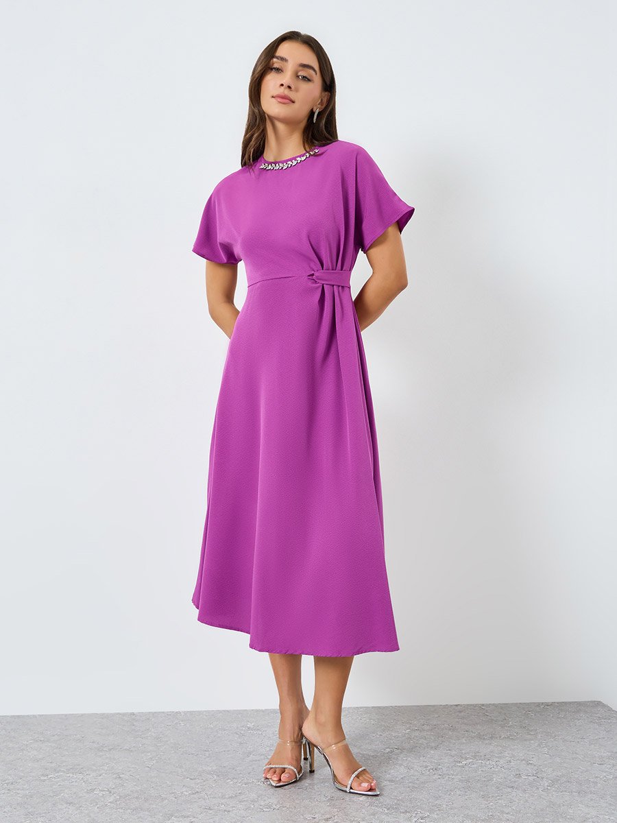 Women Purple Embellished Short Sleeves Midi Dress