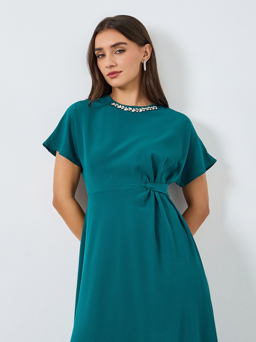 Women Teal Embellished Short Sleeves Midi Dress