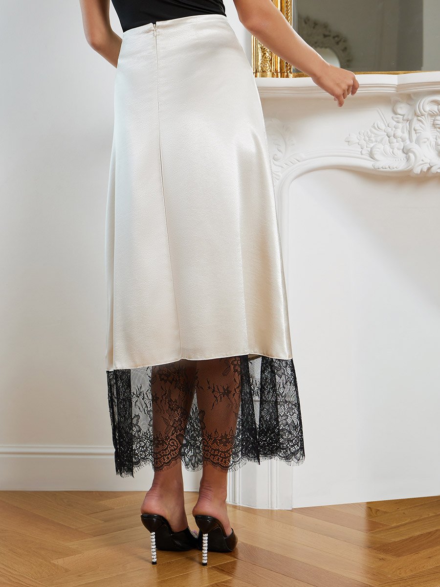 Cream A-Line Maxi Skirt with Lace Trim