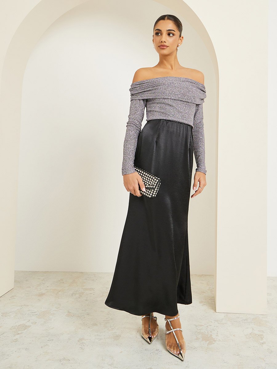 Black Satin A-Line Maxi Skirt