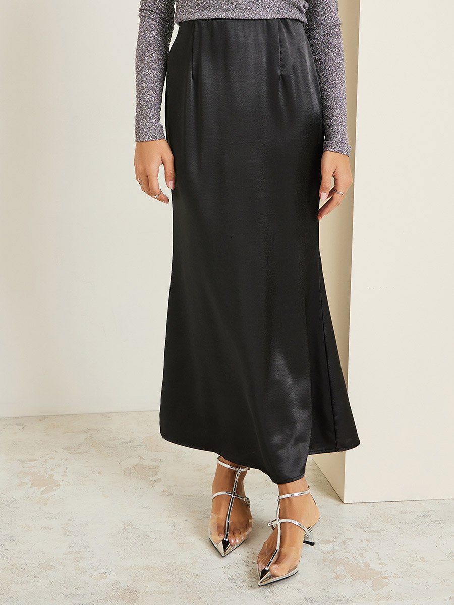 Black Satin A-Line Maxi Skirt