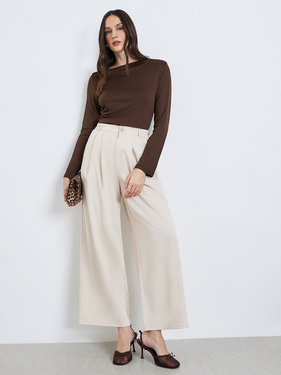 Women Cream Wide Leg Trousers
