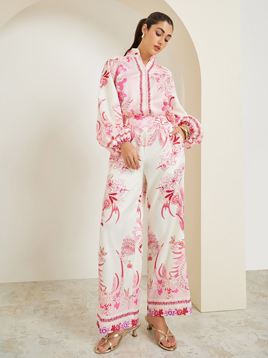 Women Pink Floral Wide Leg Pants