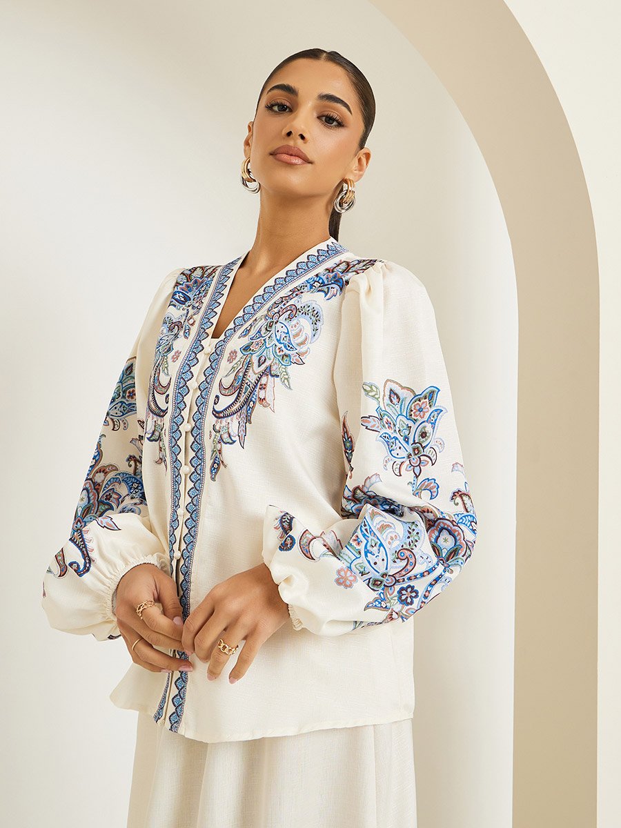 Women Cream Placement Printed Blouse