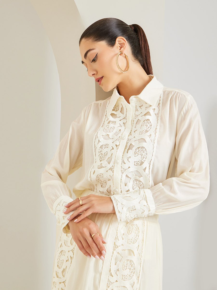 Off White Cut-Out Lace Insert Shirt