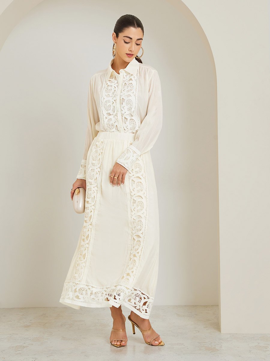 Off White Cut-Out Lace Insert Shirt