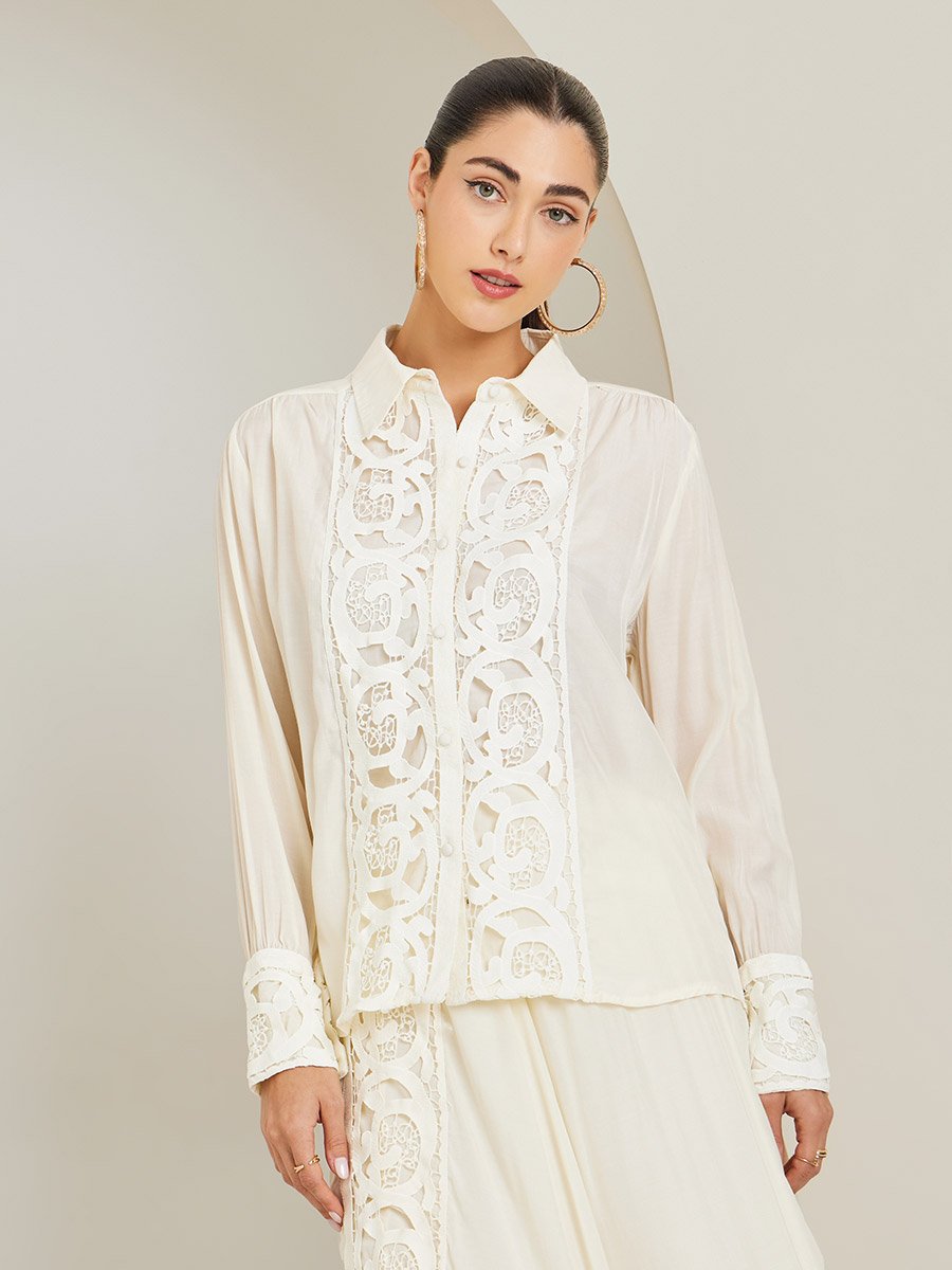 Off White Cut-Out Lace Insert Shirt