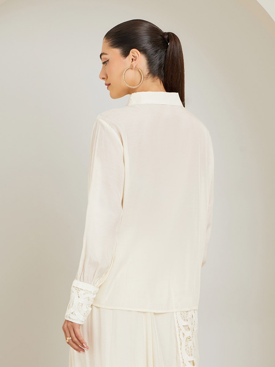 Off White Cut-Out Lace Insert Shirt