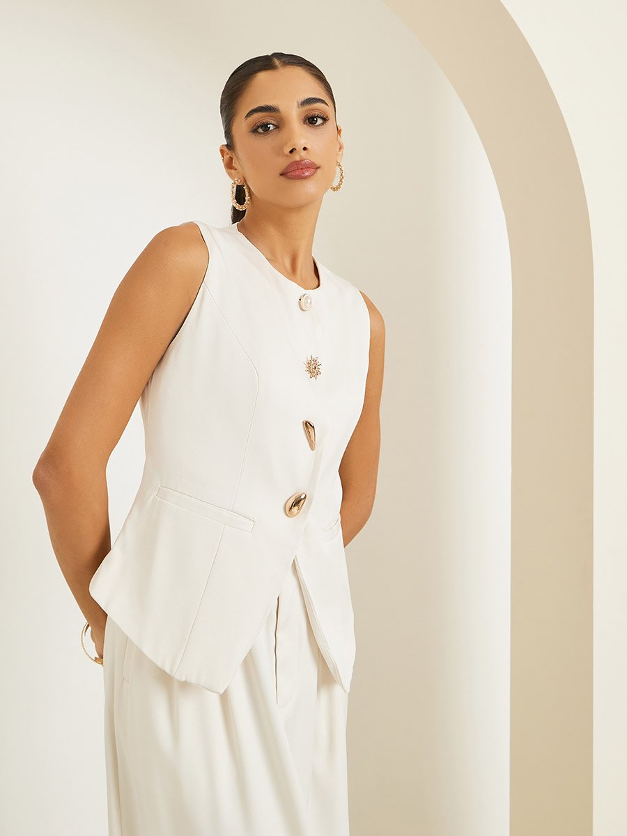 Women Cream Sleeveless Buttoned Waistcoat
