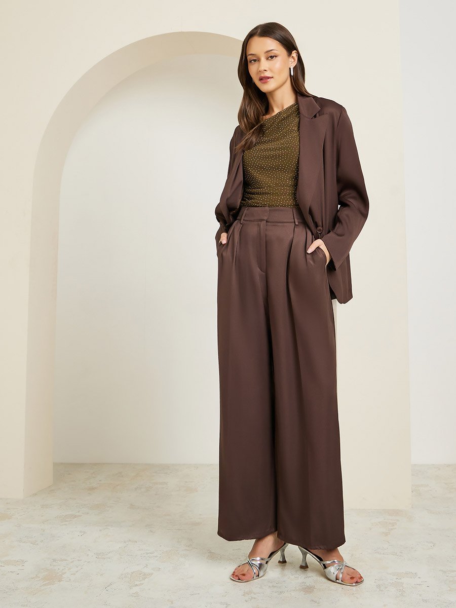 Women Brown Fold Pleat Wide Leg Trousers