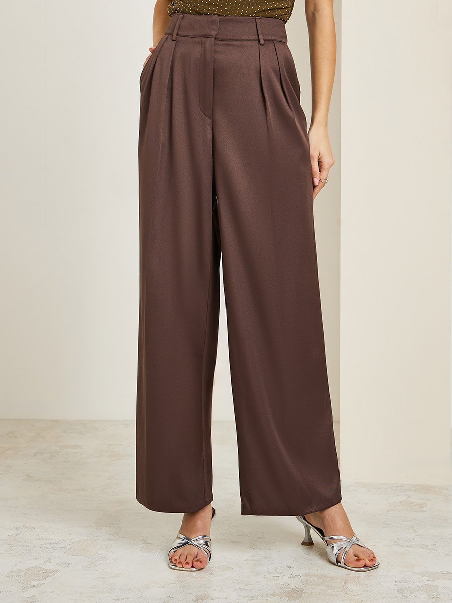 Women Brown Fold Pleat Wide Leg Trousers