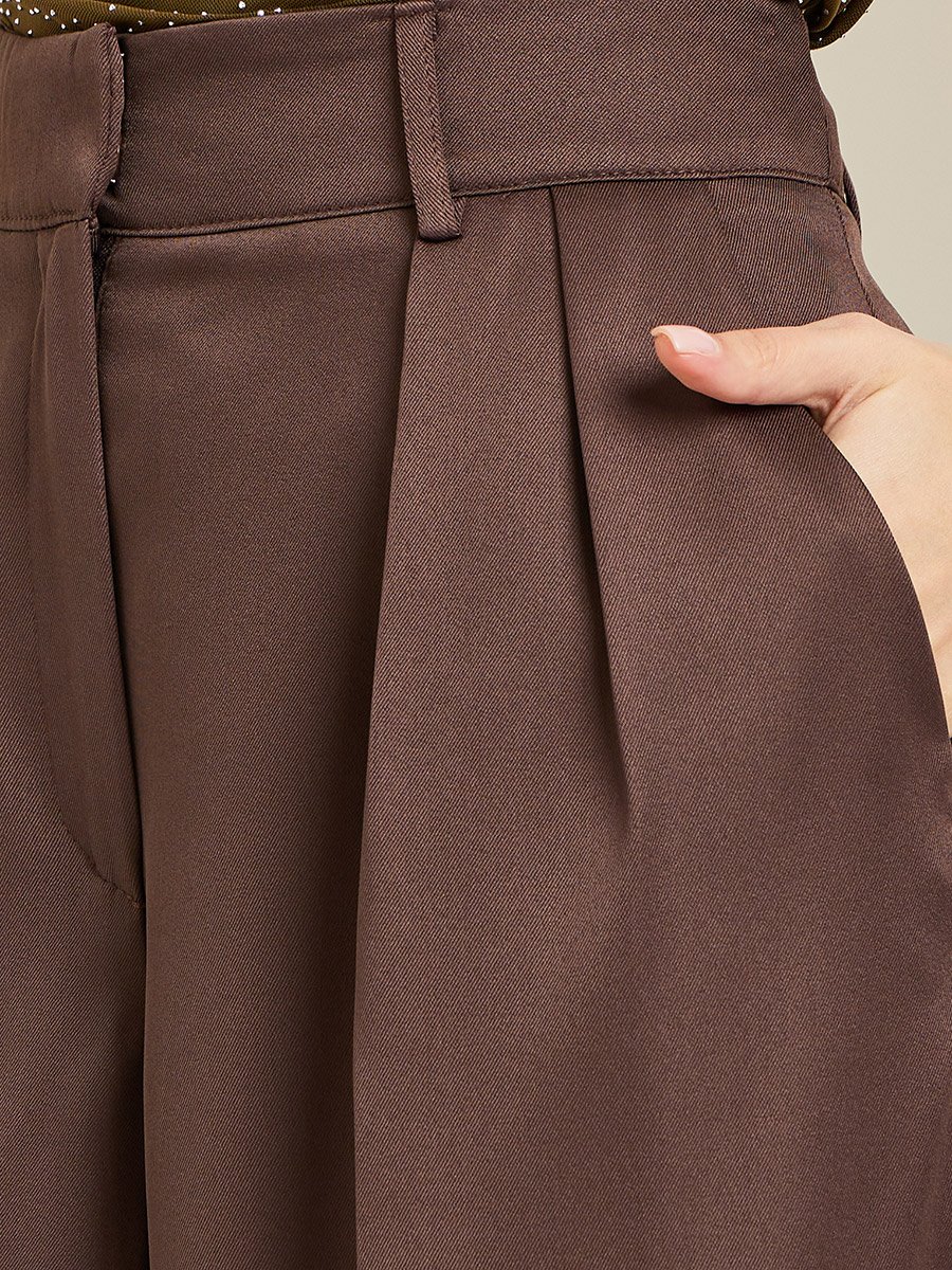 Women Brown Fold Pleat Wide Leg Trousers