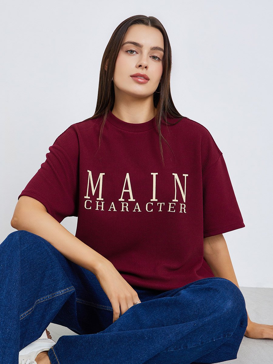 Women Burgundy Slogan Oversized T-Shirt