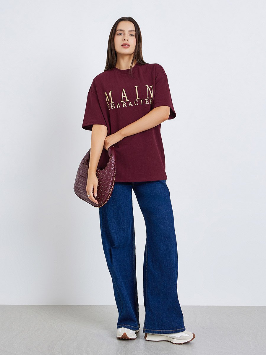Women Burgundy Slogan Oversized T-Shirt