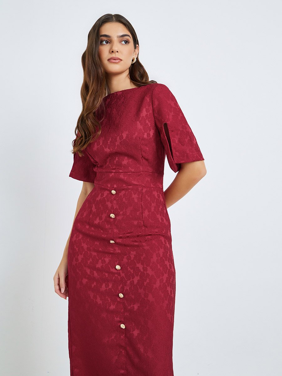 Women Maroon Short Sleeves Sheath Midi Dress