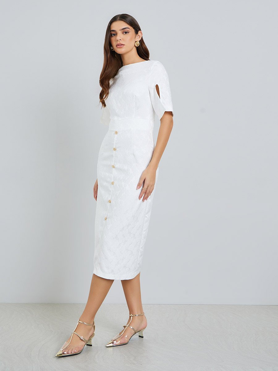 Women Off-White Buttoned Sheath Midi Dress