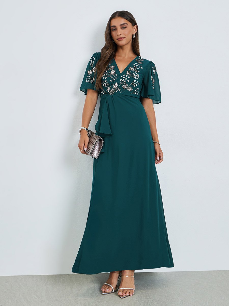Teal Sequined Yoke A-Line Maxi Dress