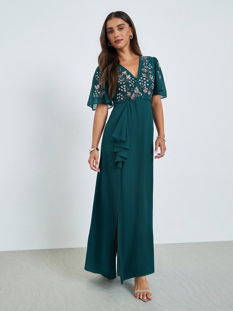 Teal Sequined Yoke A-Line Maxi Dress