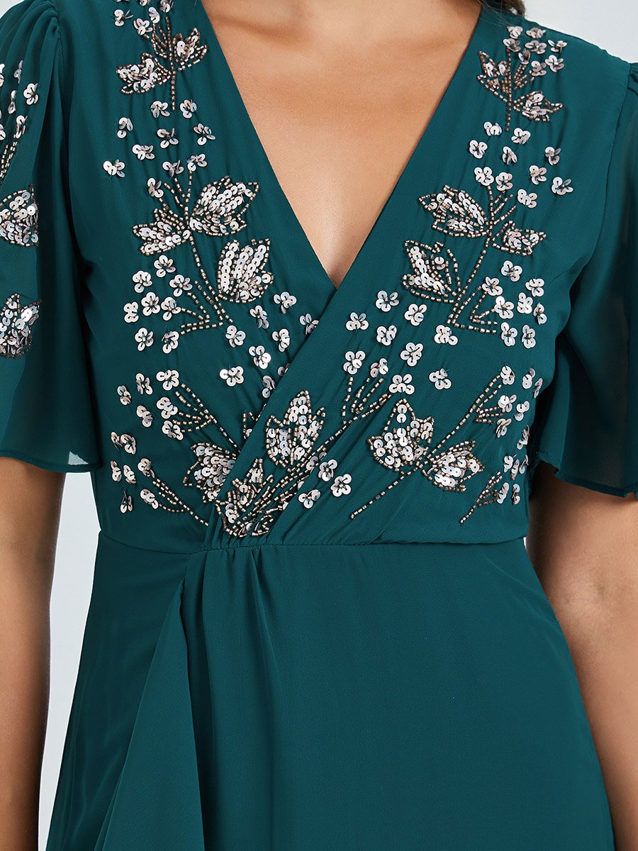 Teal Sequined Yoke A-Line Maxi Dress