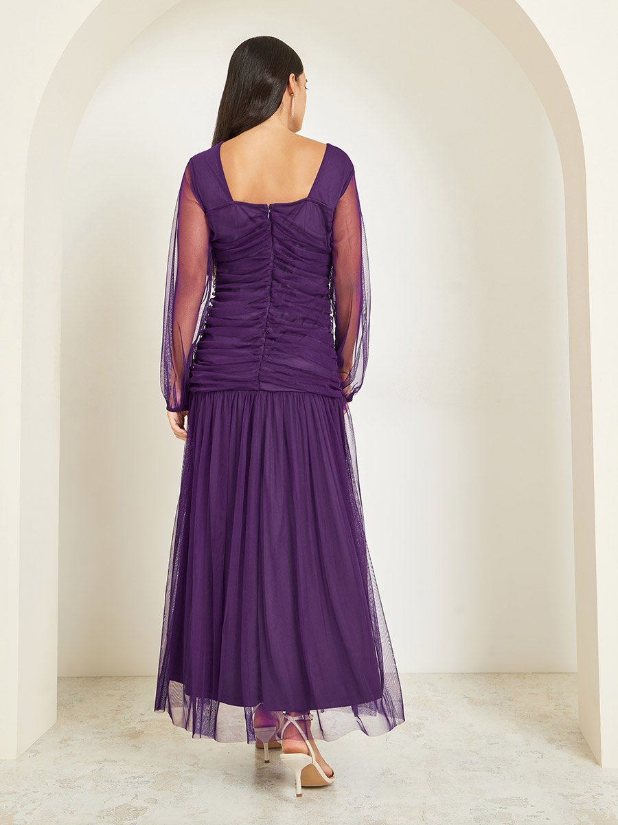 Purple Mesh Gathered Long Sleeves Maxi Dress For Women at Saudi
