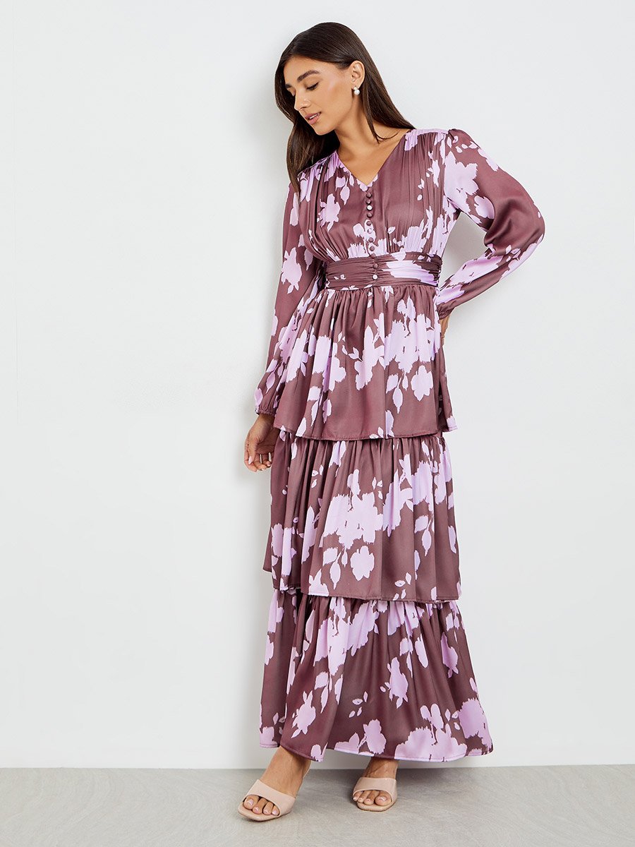 Women Floral Satin Print Long Sleeves Tiered Maxi Dress