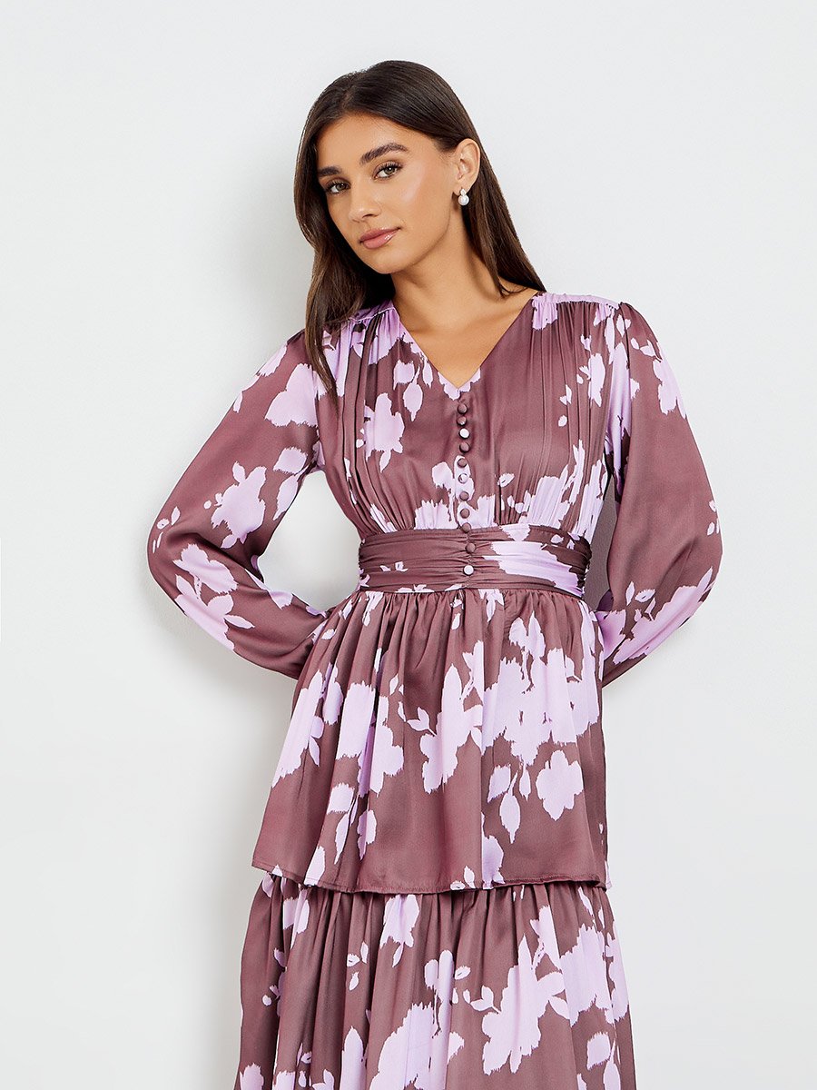 Women Floral Satin Print Long Sleeves Tiered Maxi Dress