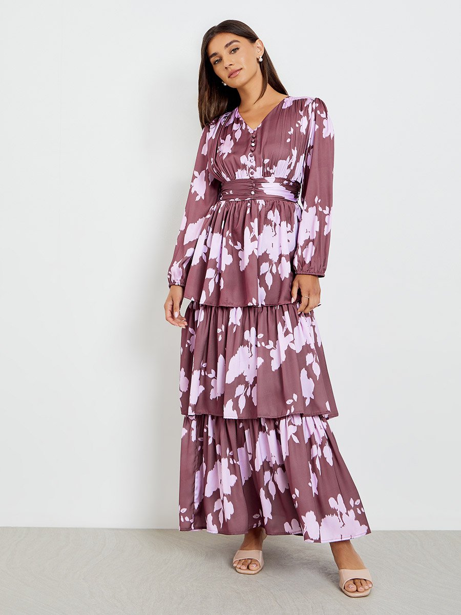 Women Floral Satin Print Long Sleeves Tiered Maxi Dress