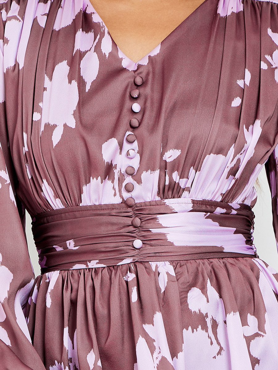 Women Floral Satin Print Long Sleeves Tiered Maxi Dress