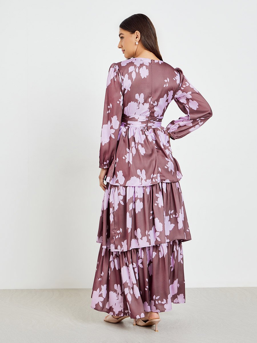 Women Floral Satin Print Long Sleeves Tiered Maxi Dress