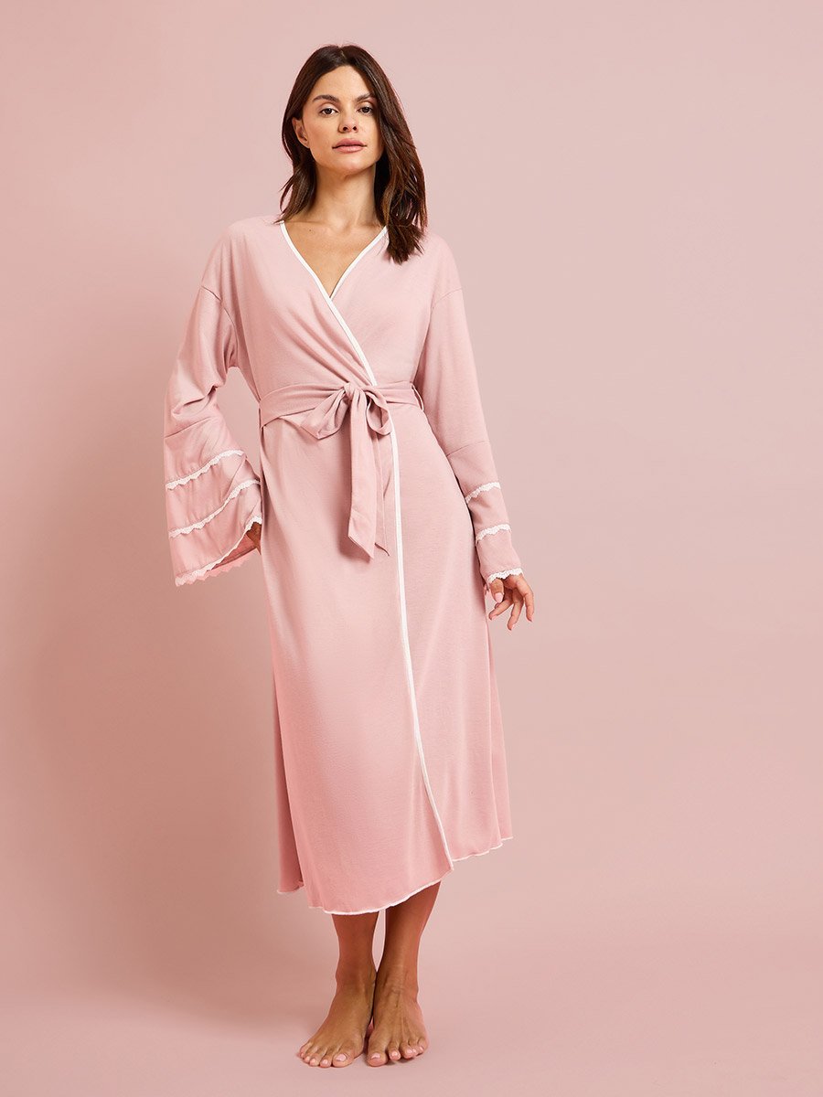 Pink Contrast Lace Flare Sleeve Robe
