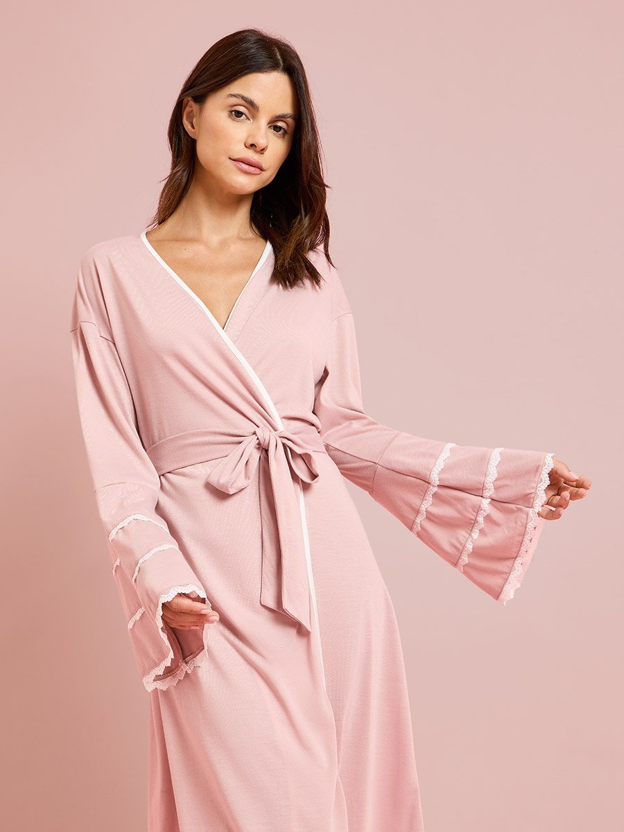 Pink Contrast Lace Flare Sleeve Robe