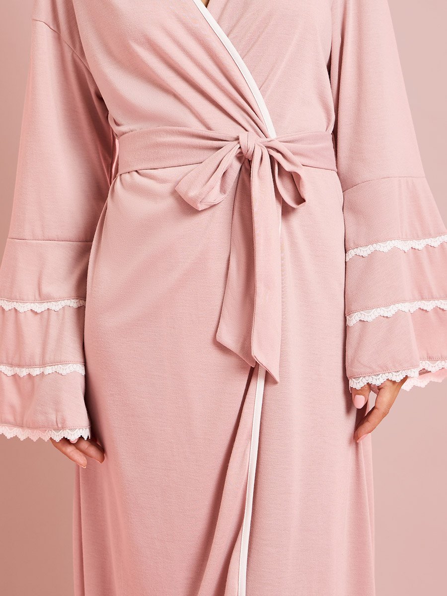 Pink Contrast Lace Flare Sleeve Robe