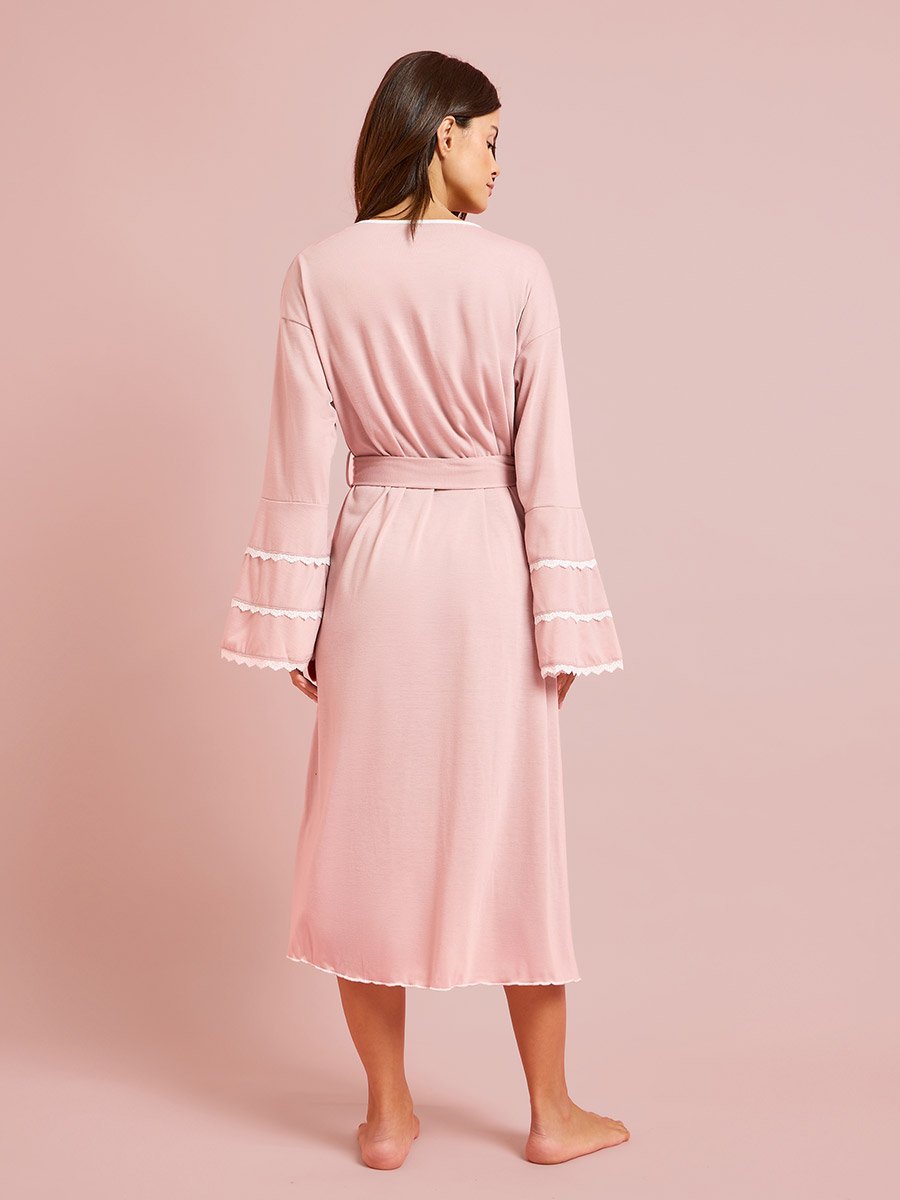 Pink Contrast Lace Flare Sleeve Robe