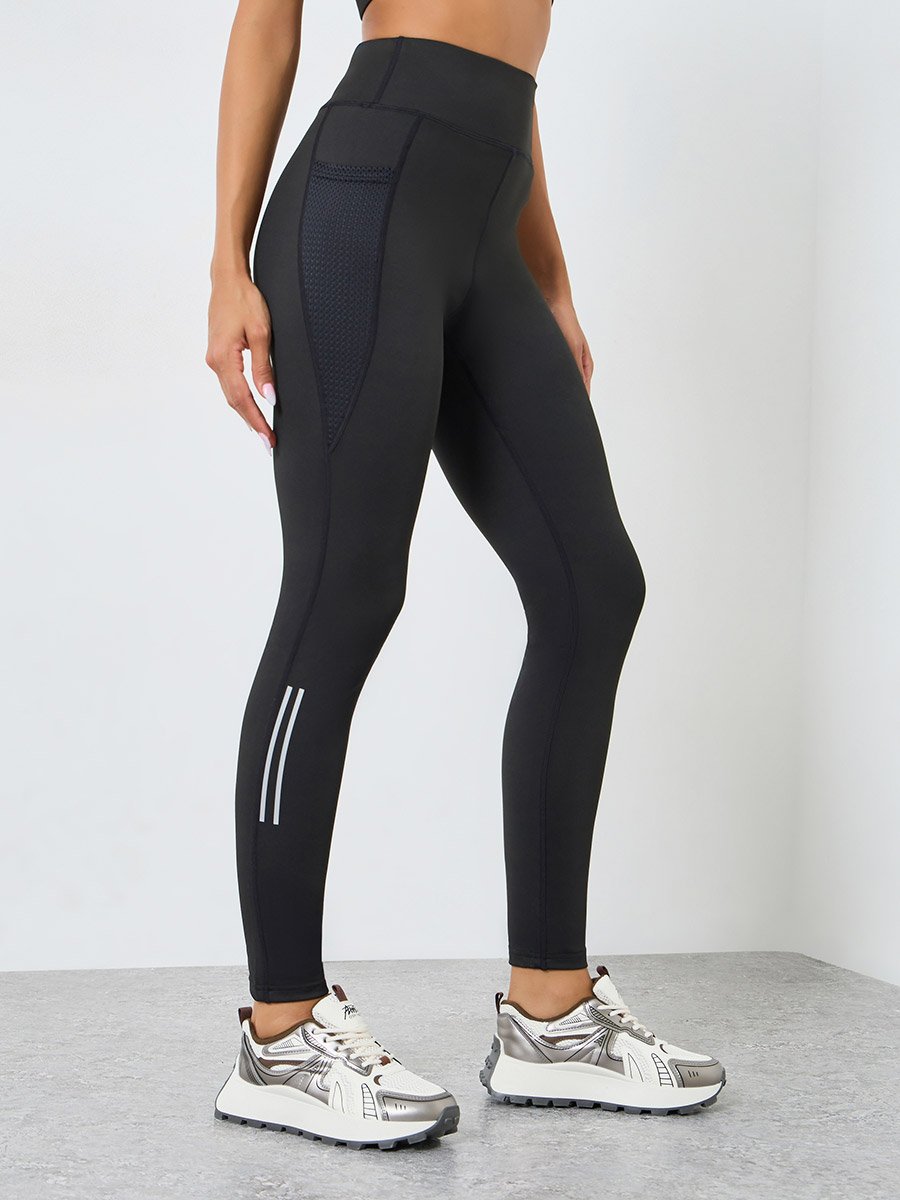Women Black Solid Leggings with Mesh Pocket