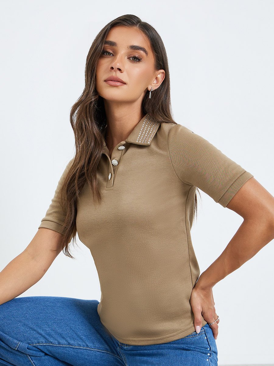 Beige Embellished Collar Polo T-Shirt 